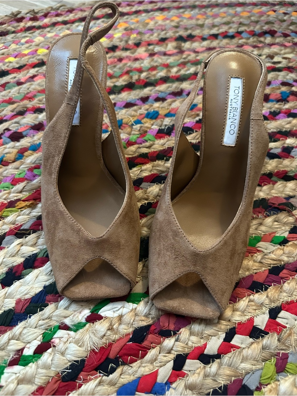 Tony Bianco Tan Suede Peep-Toe Slingback Heels